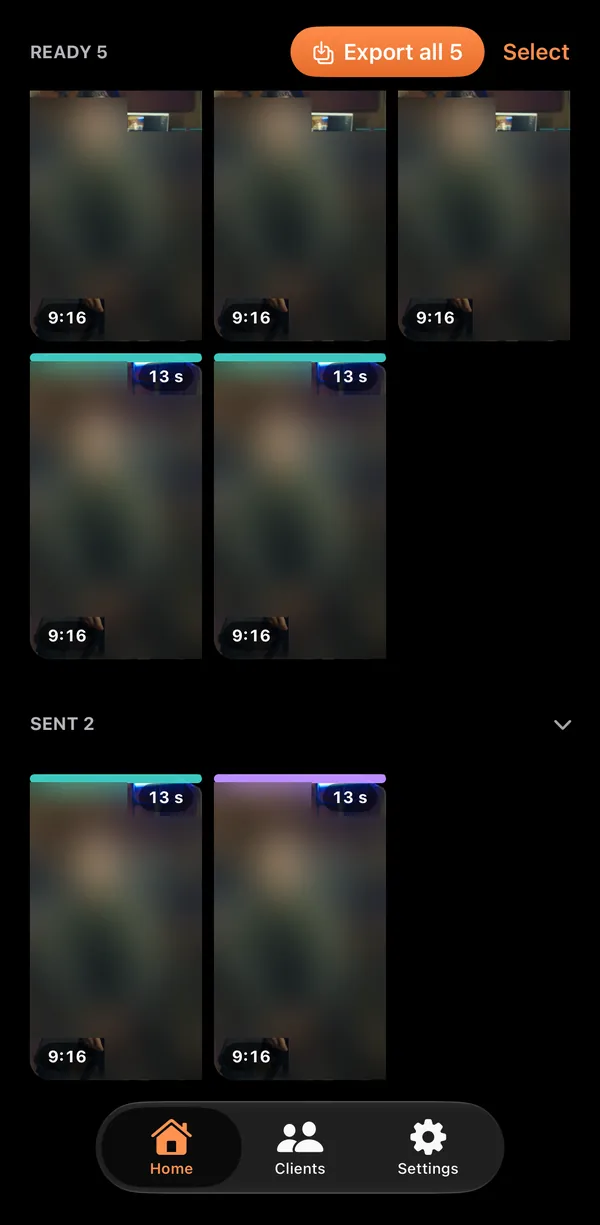 Home in Just Cut: Ready 5 with an Export all 5 button and Select, five reel covers marked 9:16 and 13 s, and Sent 2 open below with two more covers. Covers blurred.