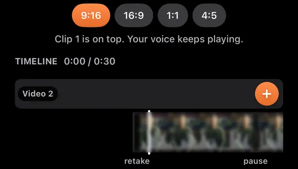 The Just Cut edit screen: shape buttons 9:16, 16:9, 1:1 and 4:5, the timeline at 0:00 of 0:30, a Video 2 line with a plus button, and the main clip below with its cuts marked retake and pause.